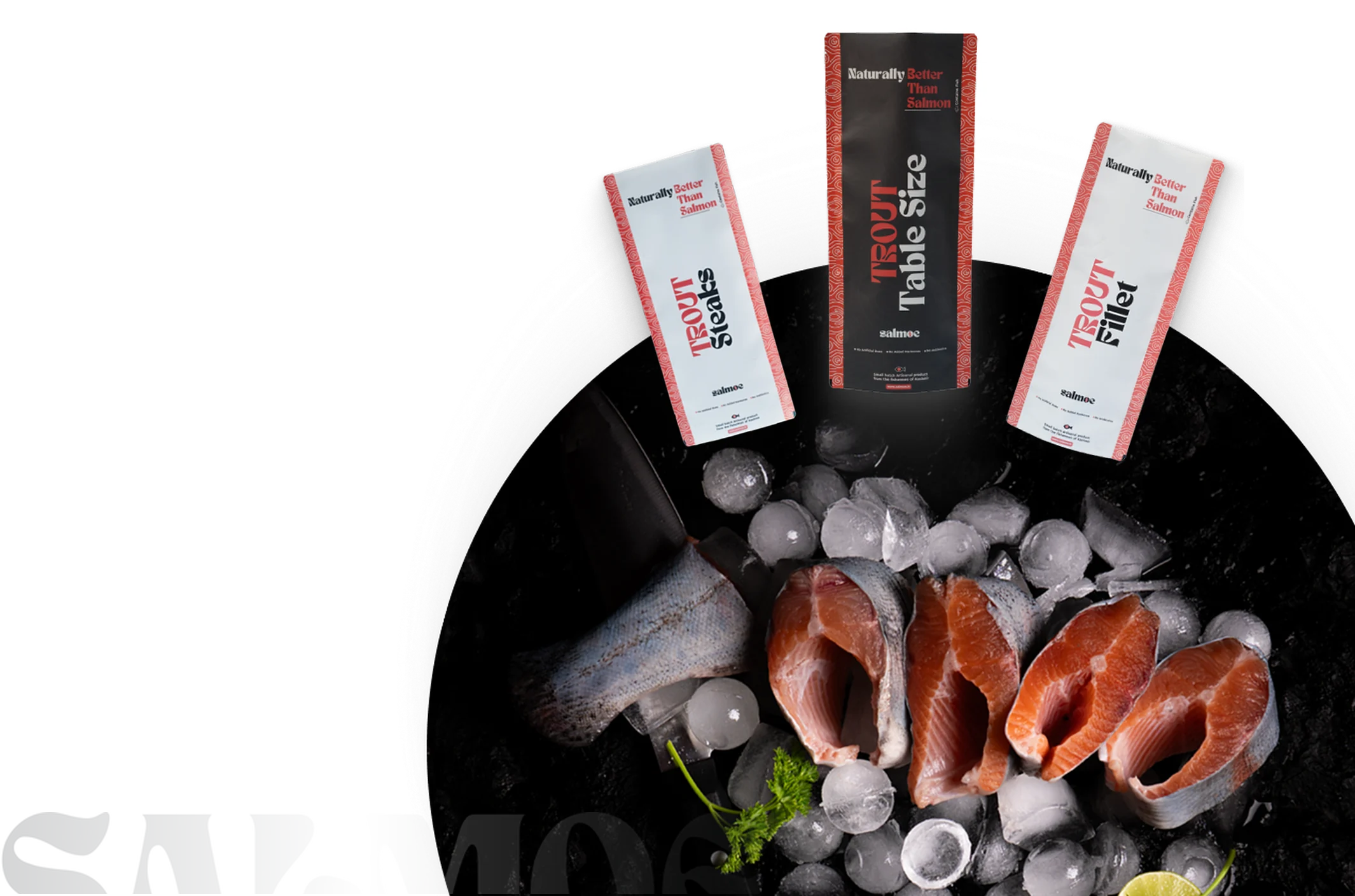 Salmoe trout packages above a bowl of fresh trout steaks on ice